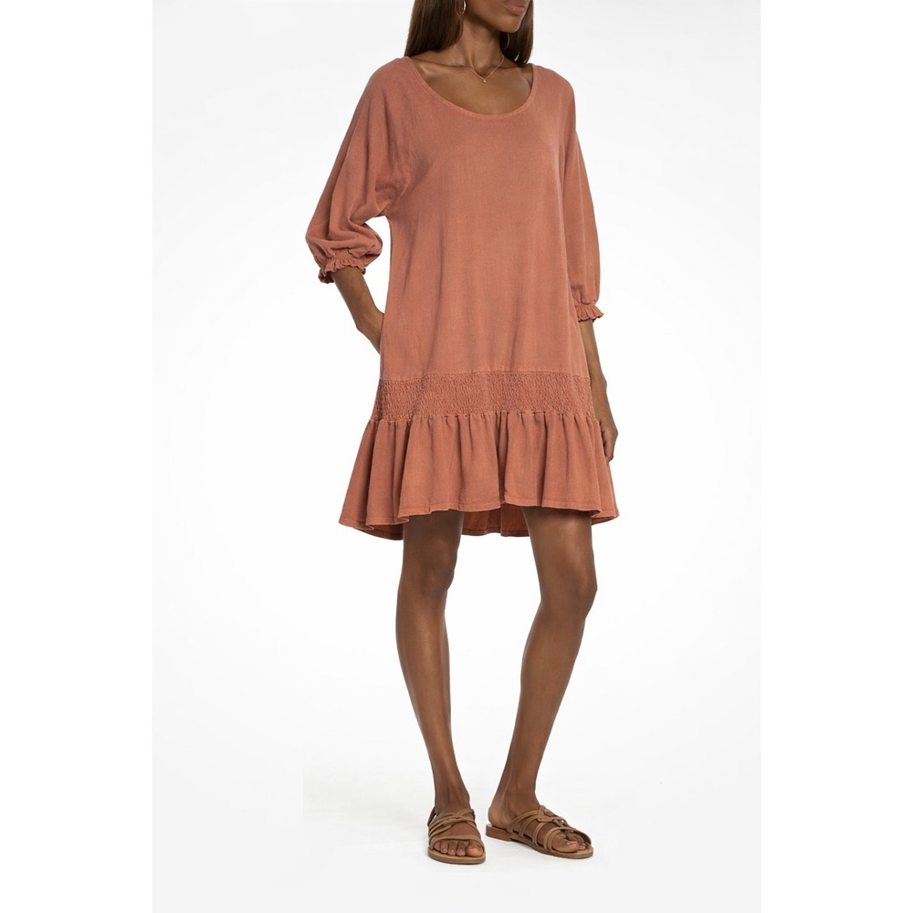 FREE PEOPLE Beach Boho Cotton Dress Smocked Hem 3/4 Sleeve Brown Size S